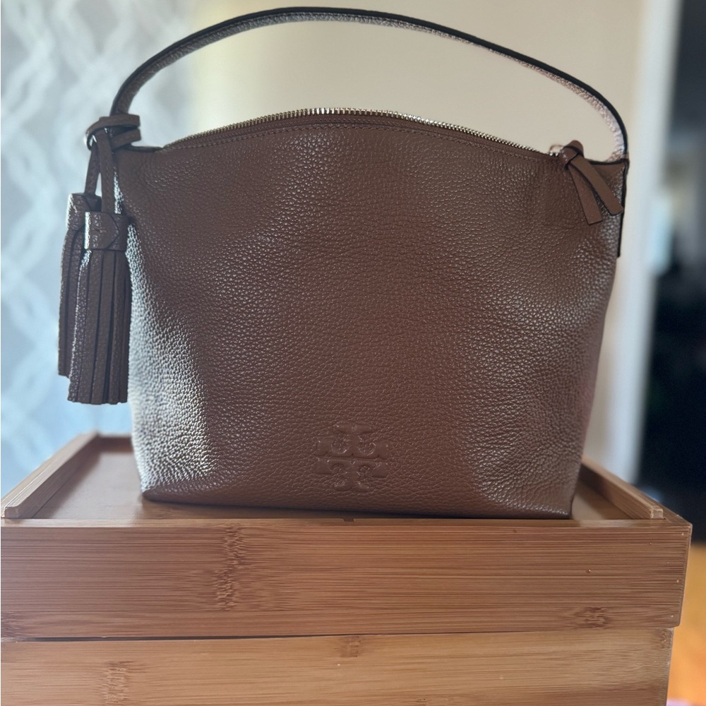 Tory Burch Brown Pebbled Leather Hobo Satchel with Tassel